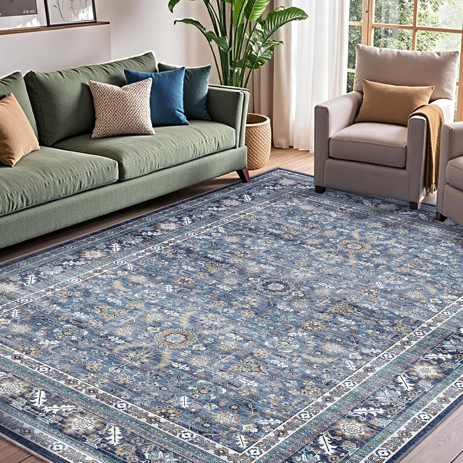 Oppodream Vintage Blue Area Rugs 5X7, 5 X 7 Retro Washable Rug Non Slip, Low-Pile Faux Wool Carpet, Distressed Navy Floor Mat For Living Room, Bedroom, Kitchen, Office, Dorm, Dinning Room