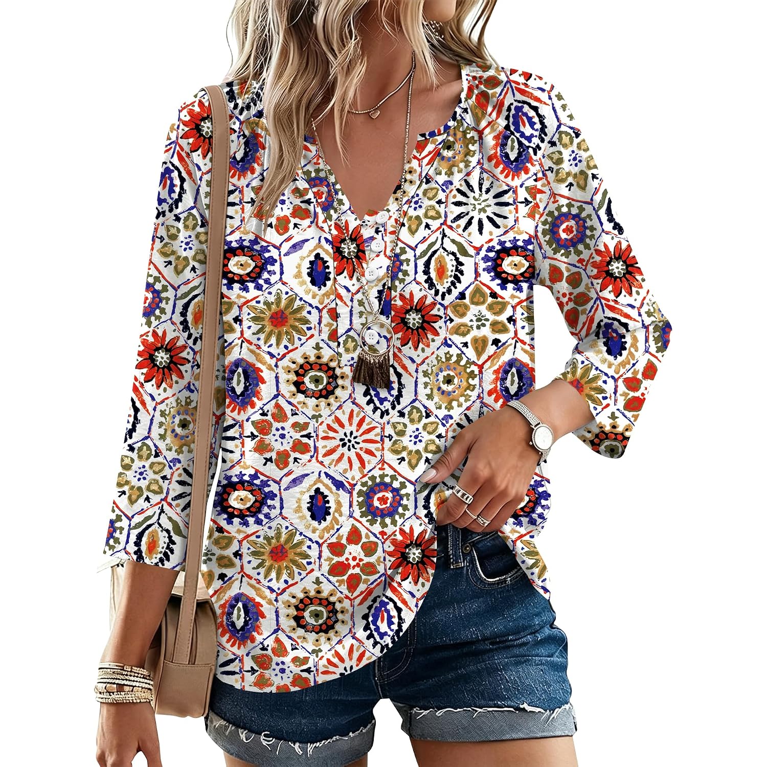 Akewei Womens 3/4 Sleeve Tops V Neck Linen Blouse Button Down Shirts For Women Dressy Casual 2026