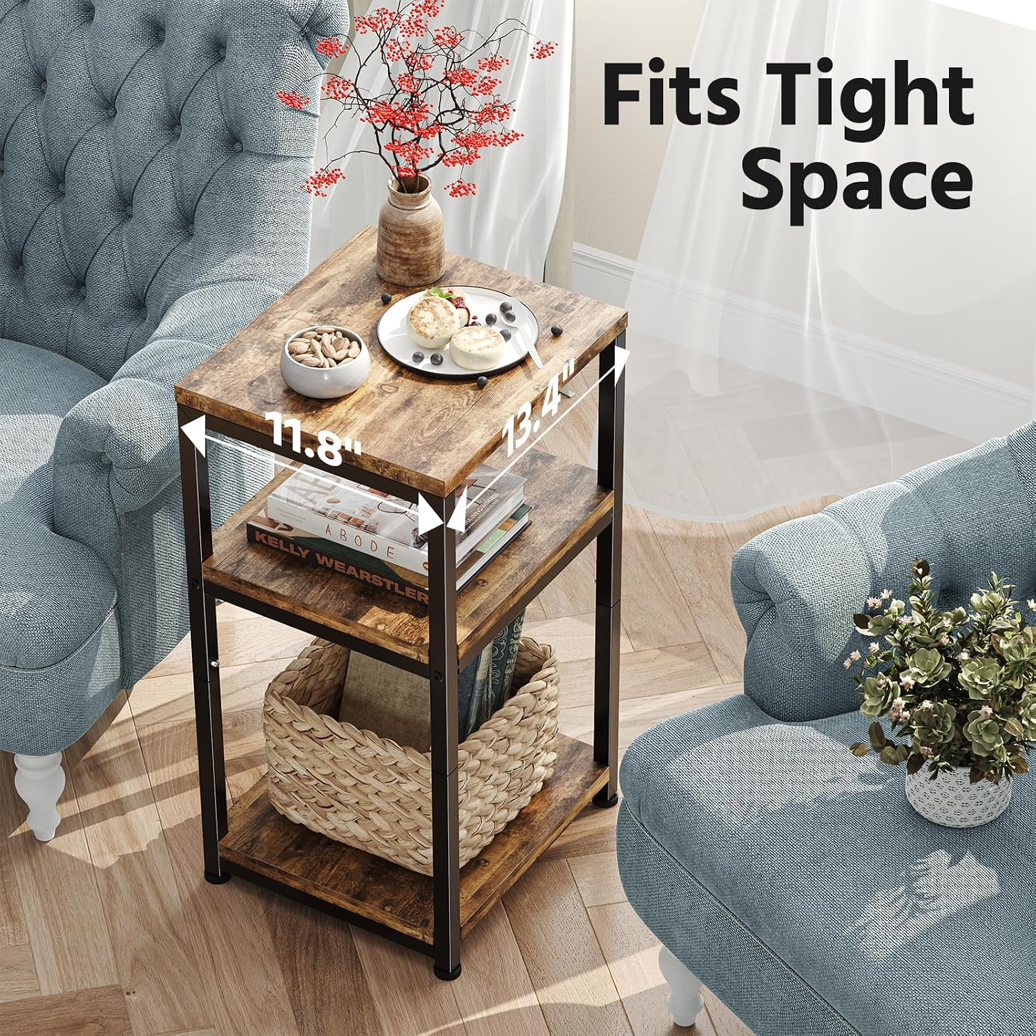 Simple Trending Side Table, End Table Night Stand, 3 Tiers Shelf For Living Room, Rustic Brown