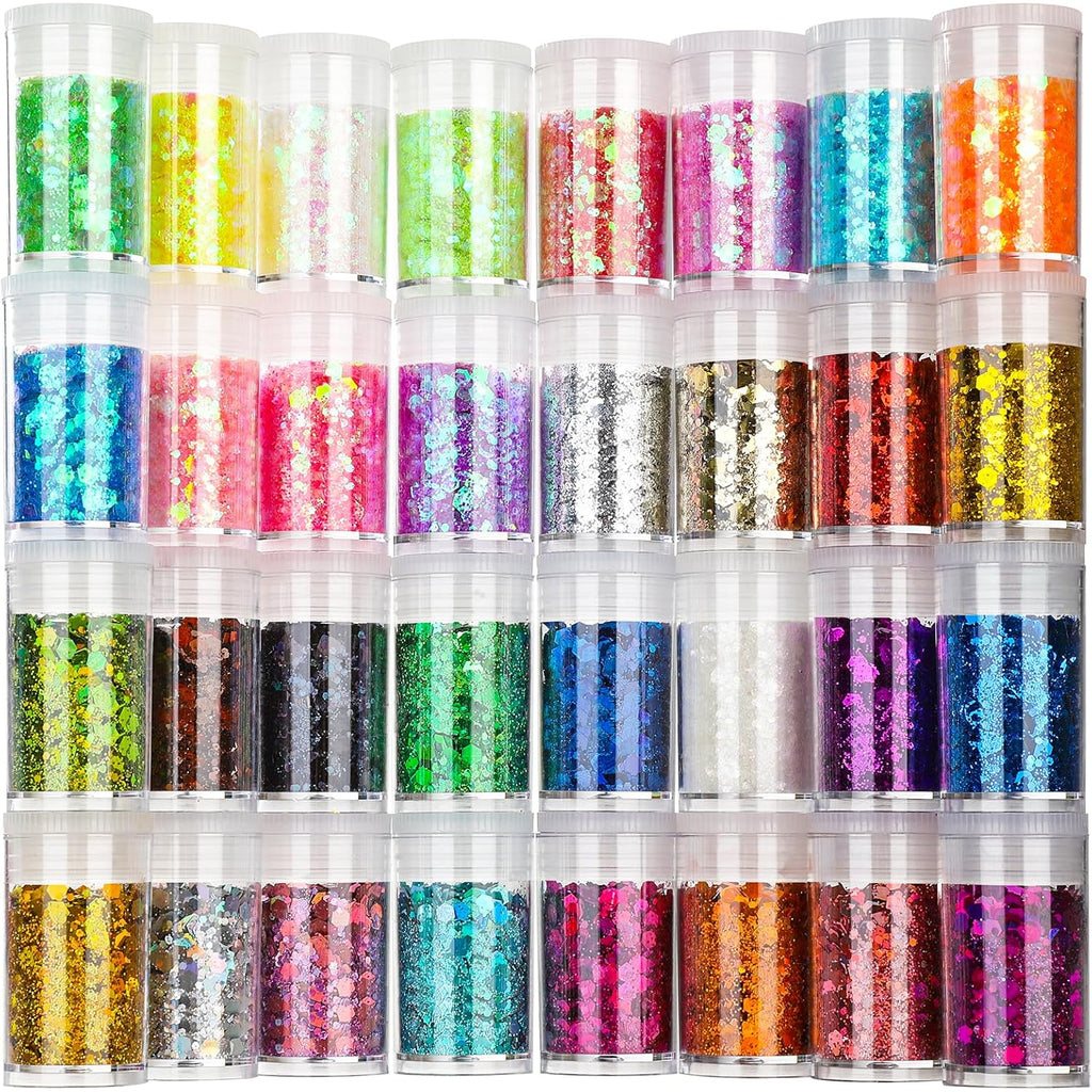 Festival Chunky and Fine Glitter Powder Mix, Teenitor 32 Colors Chunky Sequins, Iridescent Glitter Flakes, Cosmetic Face Body Eye Hair Nail Art Resin Tumbler Loose Glitter