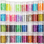 Festival Chunky and Fine Glitter Powder Mix, Teenitor 32 Colors Chunky Sequins, Iridescent Glitter Flakes, Cosmetic Face Body Eye Hair Nail Art Resin Tumbler Loose Glitter