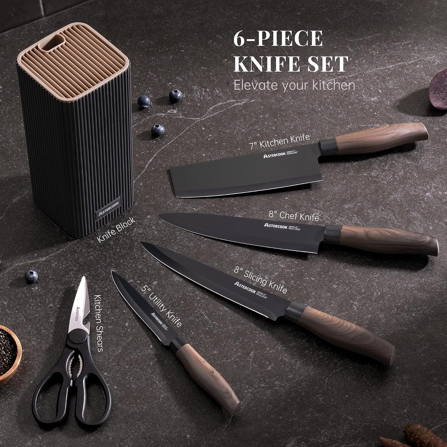 Astercook Knife Set, 6-Piece Kitchen Knife Set With Block, High Carbon Stainless Steel Ultra Sharp Kitchen Knives, Wood Grain Handle, Dishwasher Safe Knife Block Set, Black, Kitchen Utility Knives