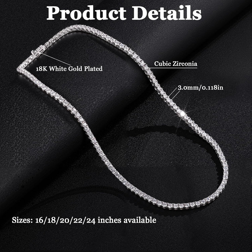 Gemsme 18K White/Yellow Gold Plated 3.0mm Round Cubic Zirconia Classic Tennis Necklace For Women 16-24 Inches