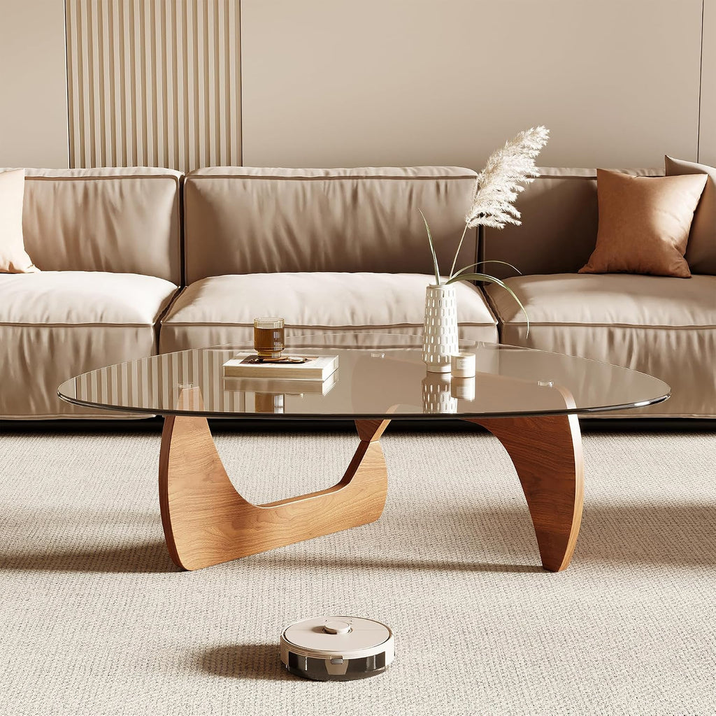 Morden Coffee Table, 42.5" X 28.5" X 16.1" Triangle Tempered Glass Top For Living Room, Color: Natural Wood