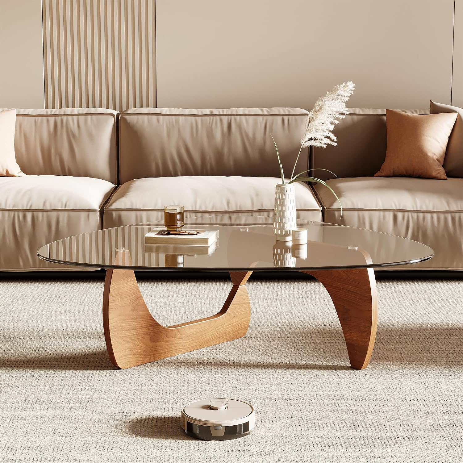 Morden Coffee Table, 42.5" X 28.5" X 16.1" Triangle Tempered Glass Top For Living Room, Color: Natural Wood