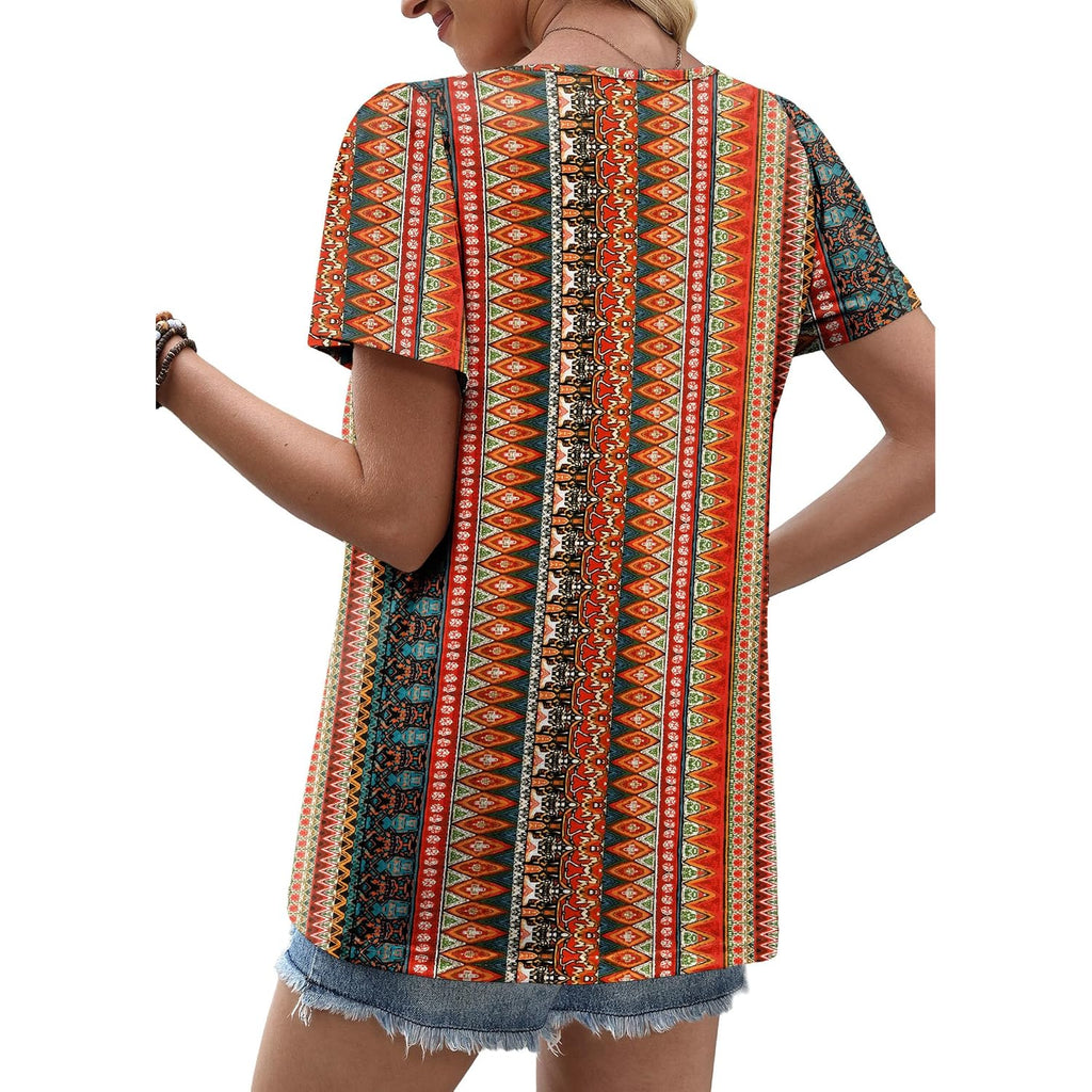 Ofeefan Womens Summer Tops Boho Short Sleeve Shirts V Neck Fashion Lace Blouses Dressy Casual Flowy Holiday Outfits