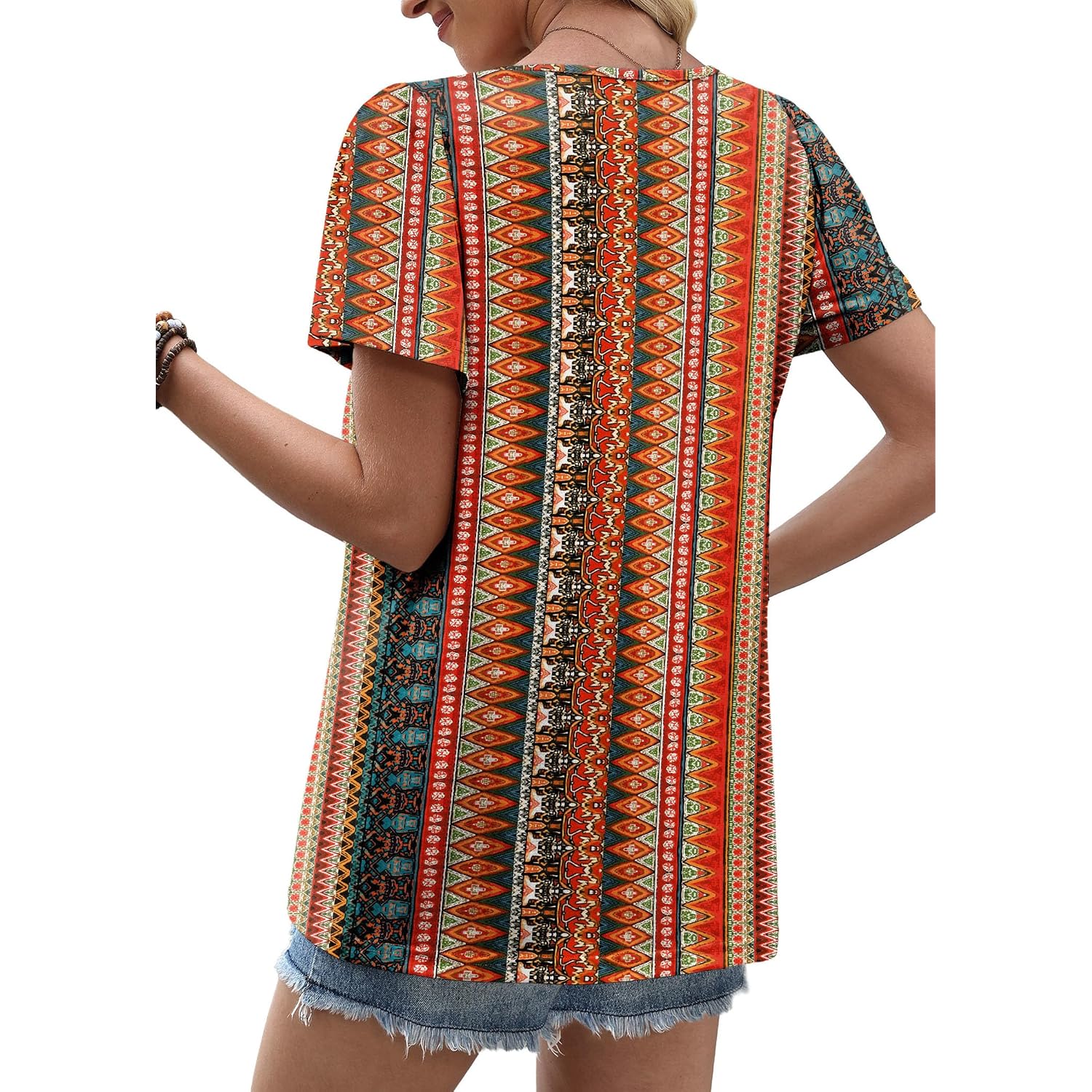 Ofeefan Womens Summer Tops Boho Short Sleeve Shirts V Neck Fashion Lace Blouses Dressy Casual Flowy Holiday Outfits