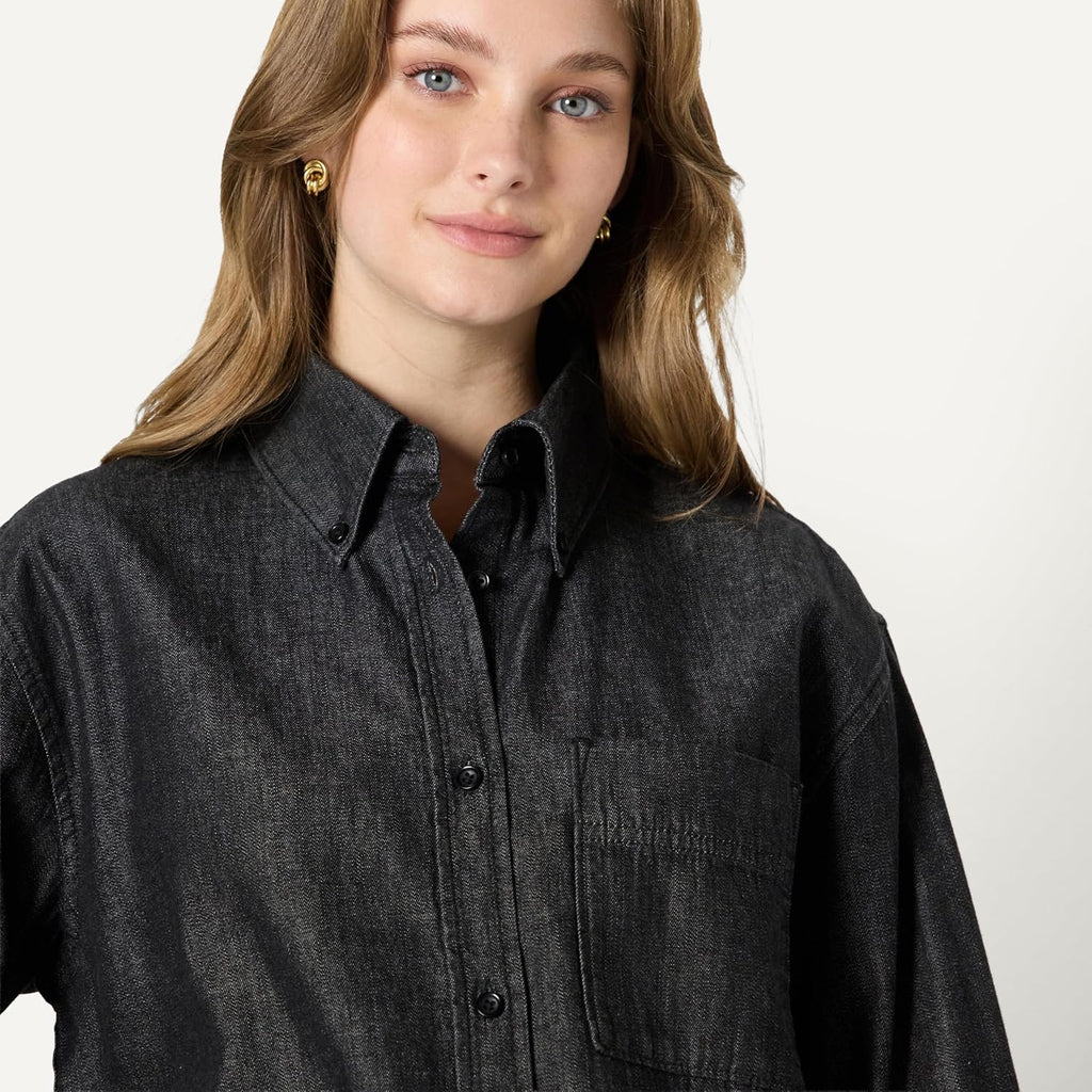 Amazon Essentials Women'S Modern Oversized-Fit Cropped Denim Button-Down Shirt