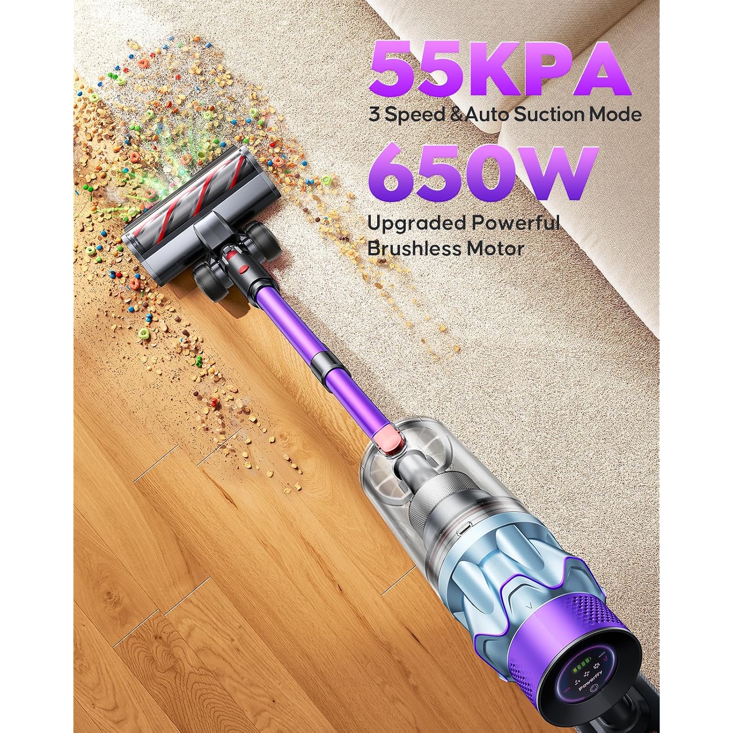 Cordless Vacuum Cleaner 70Min/650W/55Kpa, Self-Standing Vacuum Cleaners For Home With 3.3Ft Hose & Auto Mode, Wall Mount Charging, Stick Vacuums With Fragrance, Dust-Scraper For Hardwood Floor/Car/Pet