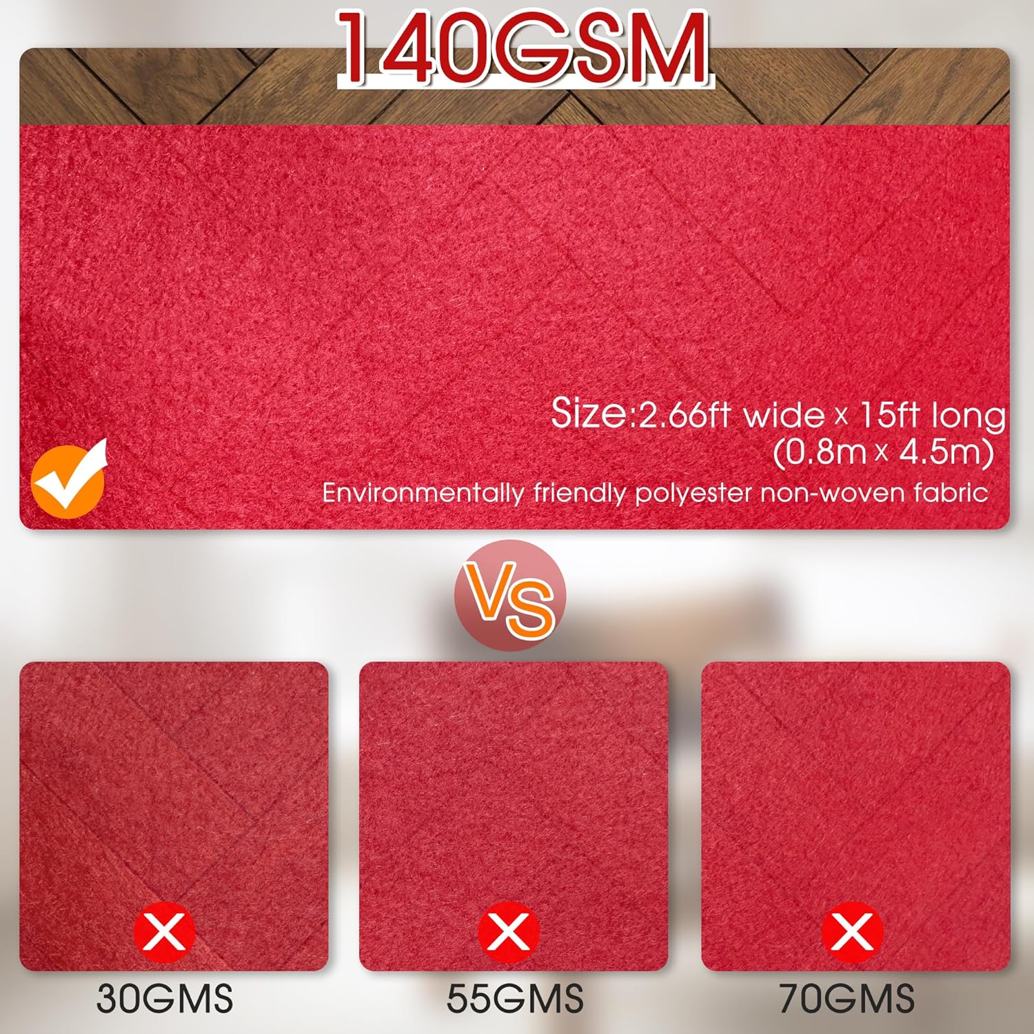 Red Carpet Runner for Party,140GSM 2.62FTx15FT Carpet Party Decorations Runway Rug for Prom Felt Non-Woven Fabric, Runner Rug for Wedding Ceremony Hollywood Theme Party