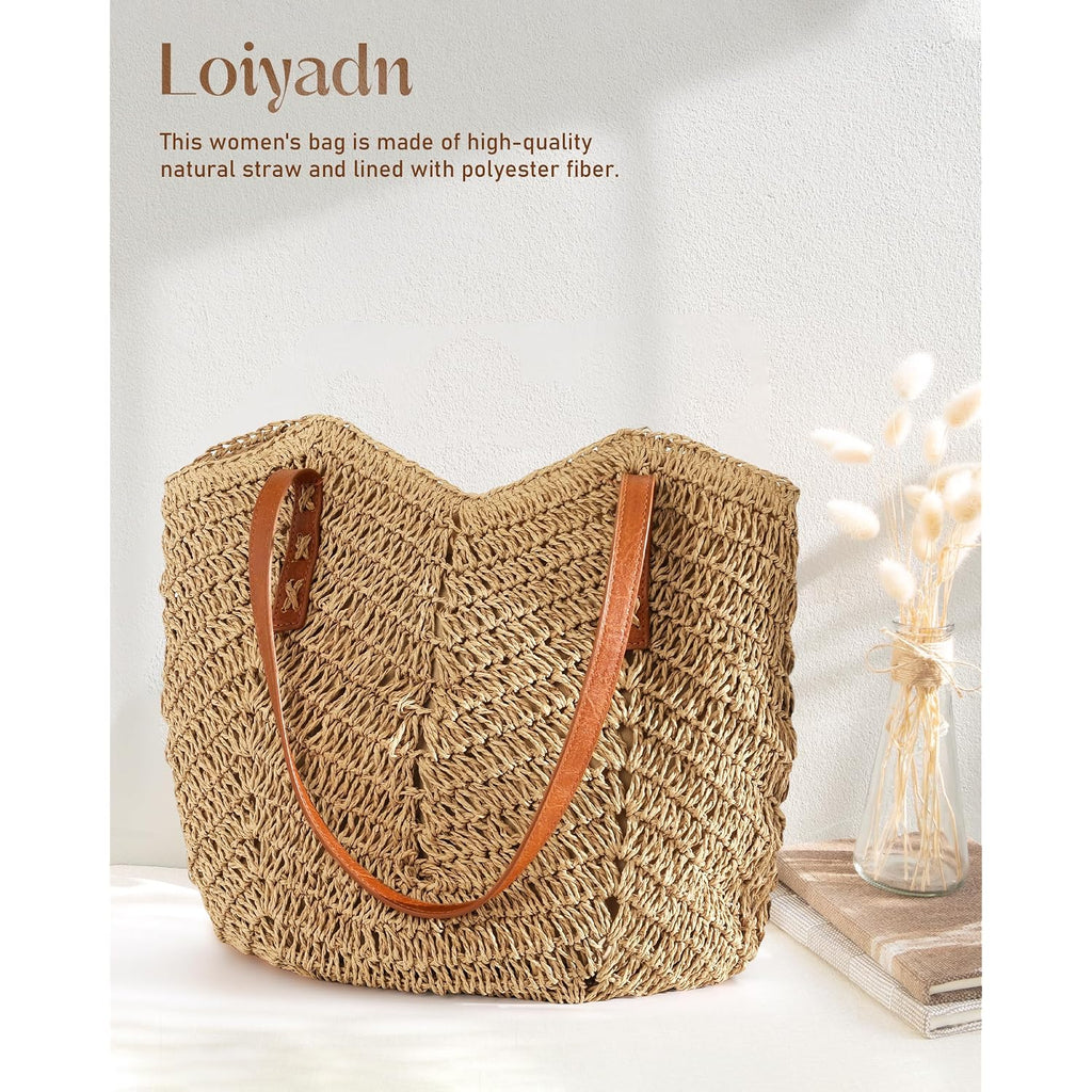 Beach Bags For Women - Straw Bag With Zipper, Soft Woven Beach Bag, Casual Straw Shoulder Bag For Daily Use