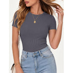 Anrabess Women Short Sleeve Crewneck Ribbed Knit Slim Fitted Shirts Summer Tops Basic Tee Casual 2026 Spring Outfits Clothes