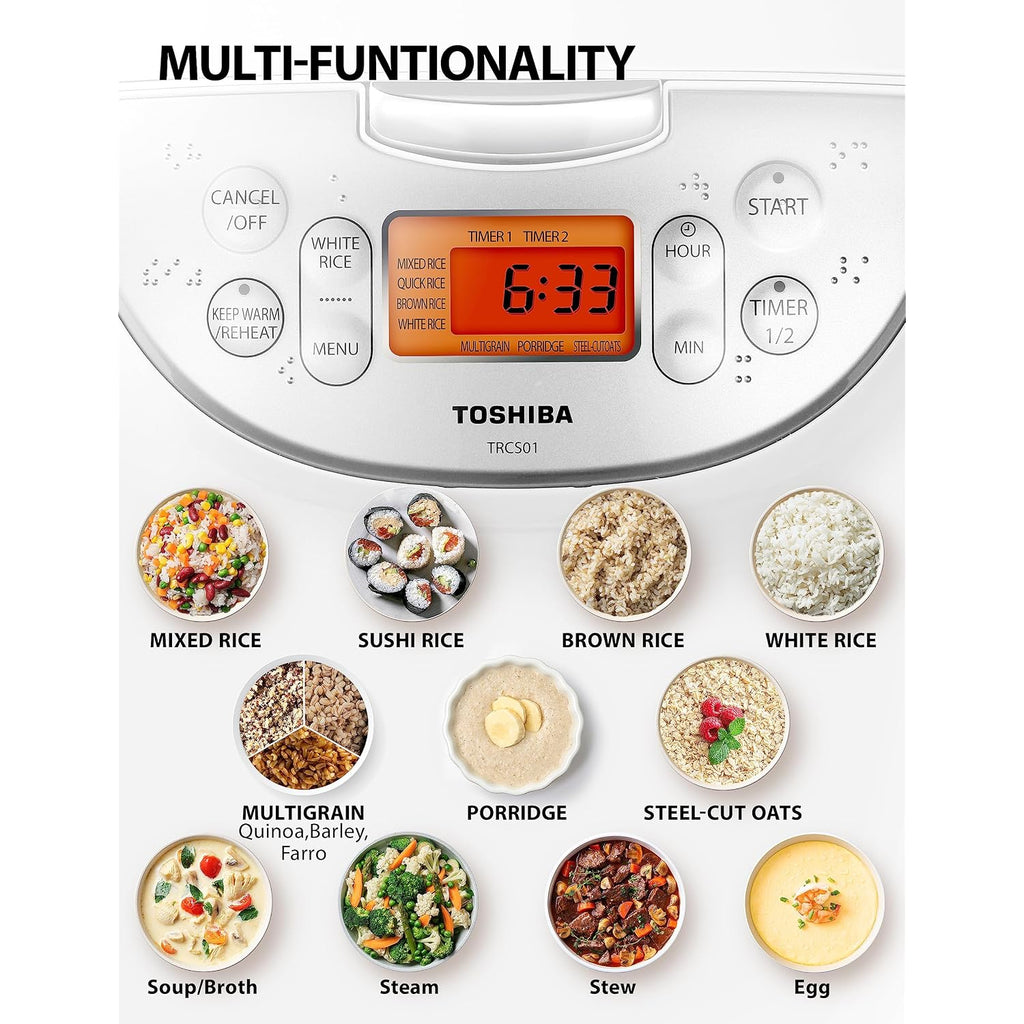 Toshiba Rice Cooker 6 Cup Uncooked – Japanese Rice Cooker With Fuzzy Logic Technology, 7 Cooking Functions, Digital Display, 2 Delay Timers And Auto Keep Warm, Non-Stick Inner Pot, White