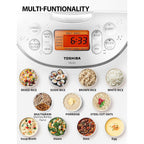Toshiba Rice Cooker 6 Cup Uncooked – Japanese Rice Cooker With Fuzzy Logic Technology, 7 Cooking Functions, Digital Display, 2 Delay Timers And Auto Keep Warm, Non-Stick Inner Pot, White