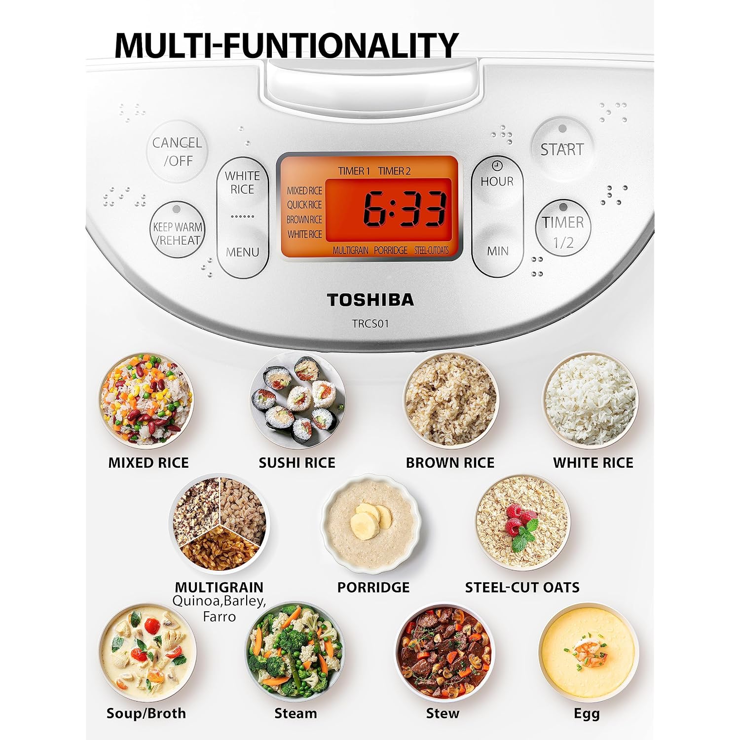 Toshiba Rice Cooker 6 Cup Uncooked – Japanese Rice Cooker With Fuzzy Logic Technology, 7 Cooking Functions, Digital Display, 2 Delay Timers And Auto Keep Warm, Non-Stick Inner Pot, White