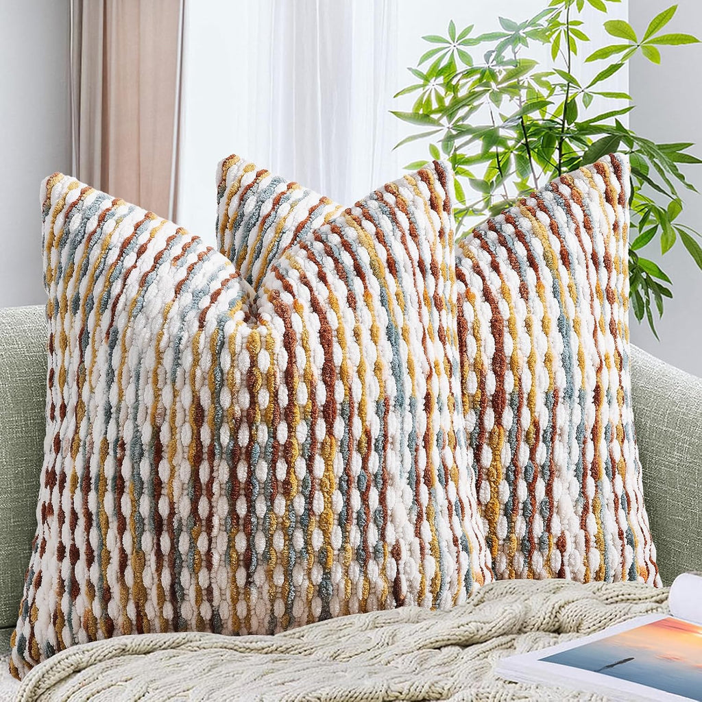 Set Of 2 Boho Chenille Pillow Cover Decorative Tufted Pillowcase For Couch Bed Sofa Bedroom Living Room Modern 18 X 18-Inch Brown
