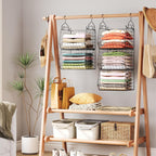 X-Cosrack 5 Tier Closet Hanging Organizer, Clothes Hanging Shelves With 4 Hanging Hooks 5 S Hooks, Wire Storage Basket Bins, For Clothing Sweaters Shoes Handbags Clutches Accessories Patent Design
