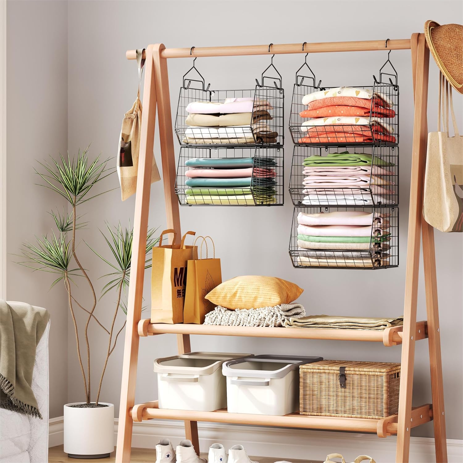 X-Cosrack 5 Tier Closet Hanging Organizer, Clothes Hanging Shelves With 4 Hanging Hooks 5 S Hooks, Wire Storage Basket Bins, For Clothing Sweaters Shoes Handbags Clutches Accessories Patent Design