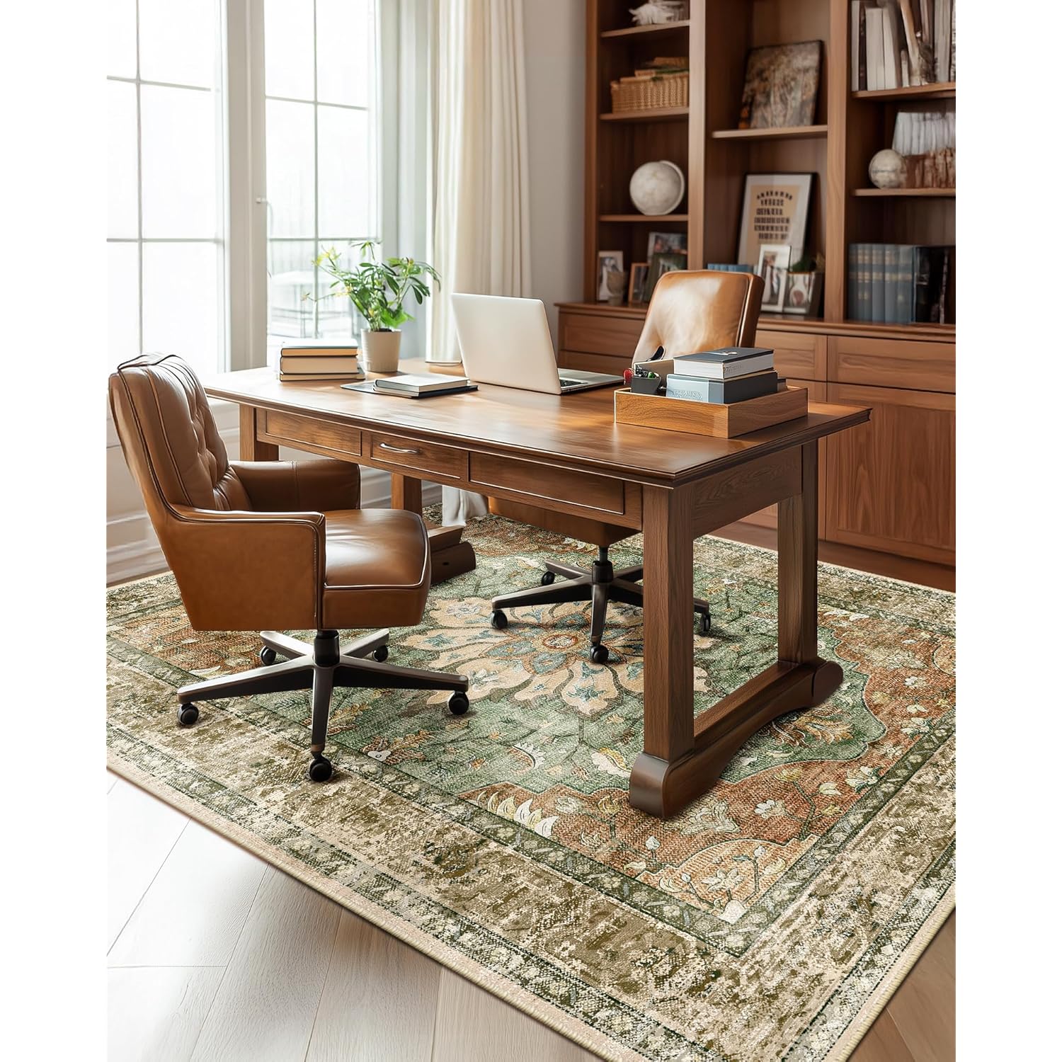 RELEANY Area Rugs 5'x7' Washable Non-Slip, Floral Vintage Distress Print Pattern Medallion Carpet for Living Room Bedroom Dining Room, Brick Red Rust Neutral Brown Burnt Orange Green
