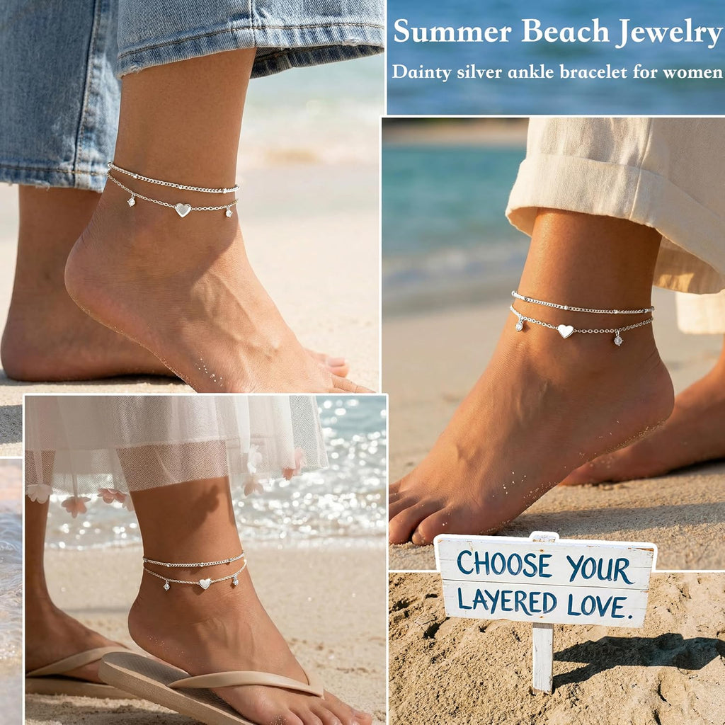 Gold/Sterling Silver Anklet Bracelets for Women Waterproof, Non Tarnish 925 Sterling Sliver Plated Heart Evileye Butterfly Charm, Dainty Summer Beach Anklets for Women, Beach Vacation Bikini Outfits for Her Mom