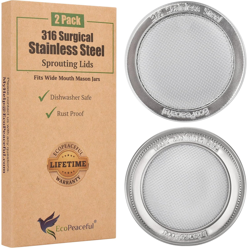 2 Pack ONE-PIECE 316 Surgical Stainless Steel Sprouting Lids for Wide Mouth Mason Jar (Ball Kerr) - One-Piece- Strainer Mesh Lids - Rust-Proof
