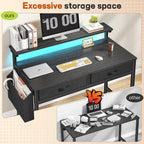 31Inch Office Computer Desk With Led Lights & 2 Fabric Drawers, Gaming Desk With Side Pocket & Ergonomic Monitor Stand, Small Space Study Writing Table With Anti-Tip Design,Black