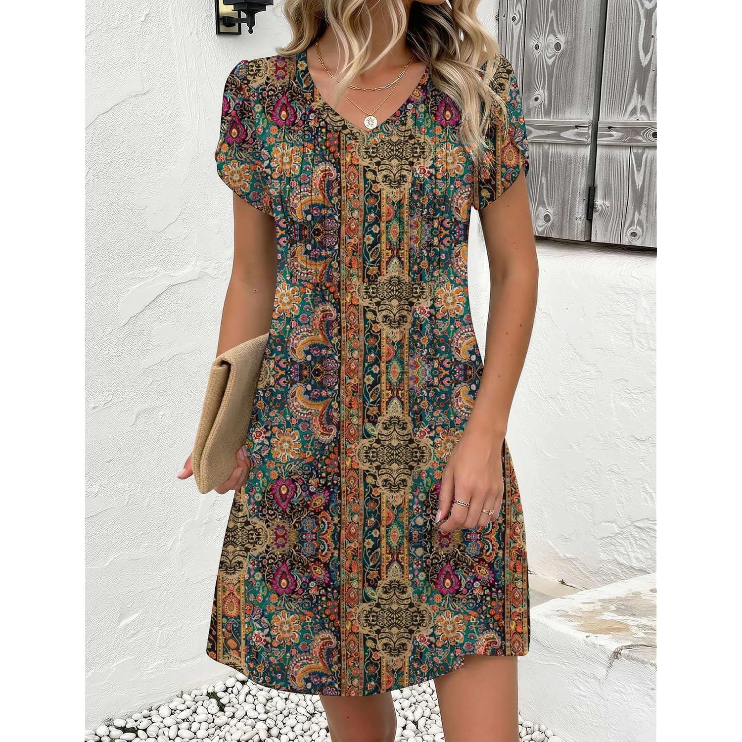 Zeagoo Summer Dresses For Women Casual A Line Dress 2026 V Neck Short Dresses Floral Sundress Pleated Boho Dress
