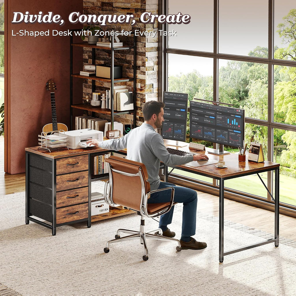 61" L Shaped Desk With Power Outlets & Usb-C Port, Reversible Computer Corner Office Desk With 4 Fabric Drawers And 2 Storage Shelves, Large Desk For Gaming Writing Study, Rustic Brown