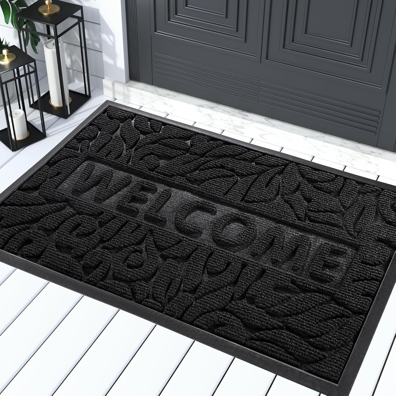 Yimobra Welcome Mat Outdoor 29.5X17, Waterproof Non-Slip Outdoor Mats For Front Door Outside Entrance, Low-Profile Entryway Mat Indoor For Garage Patio, Black