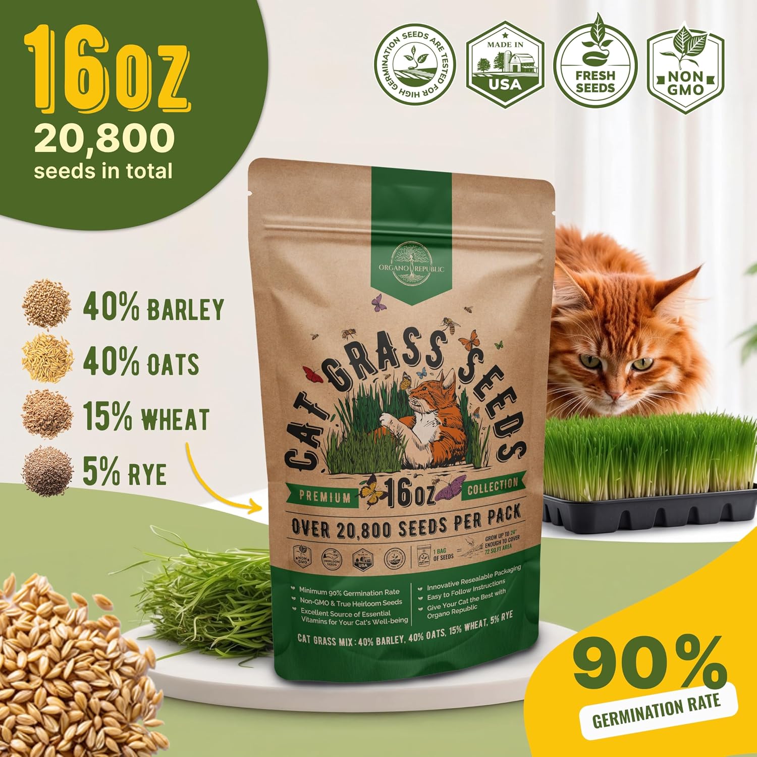 Cat Grass Seeds Mix - 20,800 Non-Gmo Heirloom Seeds For Cats & Pets, 16 Oz Pack For Growing Fresh Barley, Oat, Rye & Wheat Grass Seeds For Planting, Indoor Plants, Hairball Remedy
