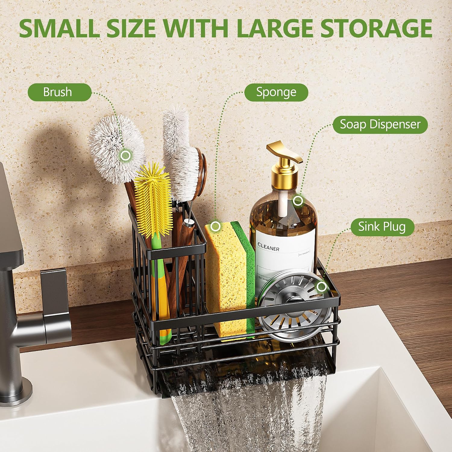 Sink Caddy Sponge Holder For Kitchen With Brush Holder And Stainless Steel Self Drain Tray, Rustproof Kitchen Sink Organizer For Sponge, Soap Dispenser Storage Accessories