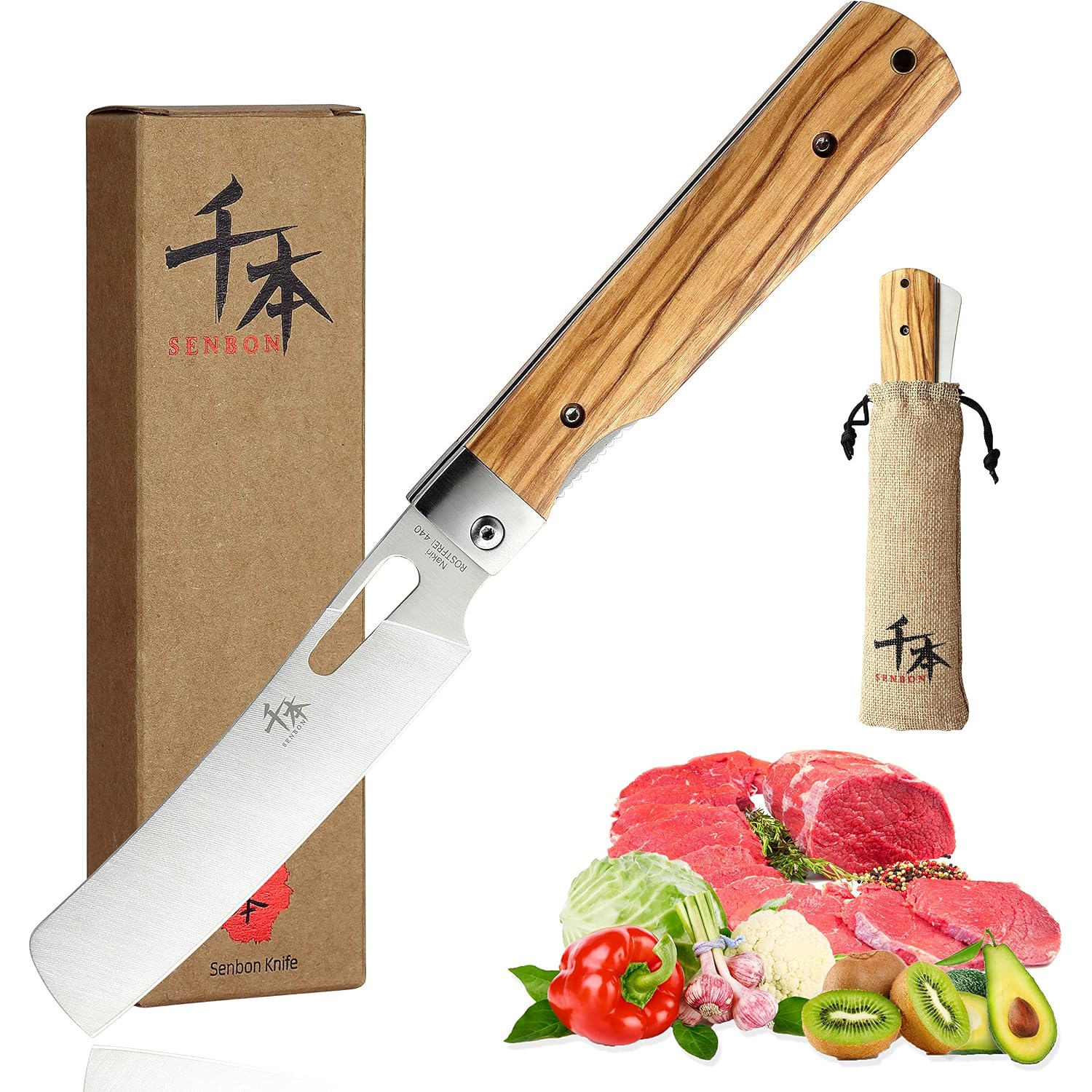 440A Stainless Steel Ultra Sharp Pocket Folding Chef Knife Peeling Utility Knife Fruit Knife Natural Olive Handle Camping Bbq Trip Outdoor Portable Kitchen Knife