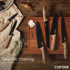 CAROTE 12PCS Knife Set, Stainless Steel Kitchen Knife Set with Nonstick Ceramic Coating, 6 Knives with Blade Guards, Rustproof, Easy-Clean, Black