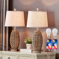 27” Natural Rattan Table Lamps Set Of 2,Touch Switch,3-Way Dimmable Bedside Lamps, With A+C Usb Charging Ports,Oatmeal Lampshade,Farmhouse Table Lamp For Bedroom, Living Room(2 Bulbs Included)