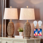 27” Natural Rattan Table Lamps Set Of 2,Touch Switch,3-Way Dimmable Bedside Lamps, With A+C Usb Charging Ports,Oatmeal Lampshade,Farmhouse Table Lamp For Bedroom, Living Room(2 Bulbs Included)