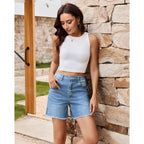 Jean Shorts for Women Trendy High Waisted Raw Hem Mid Thigh Stretch Denim Shorts Cutoff 2026 Casual Summer Jorts