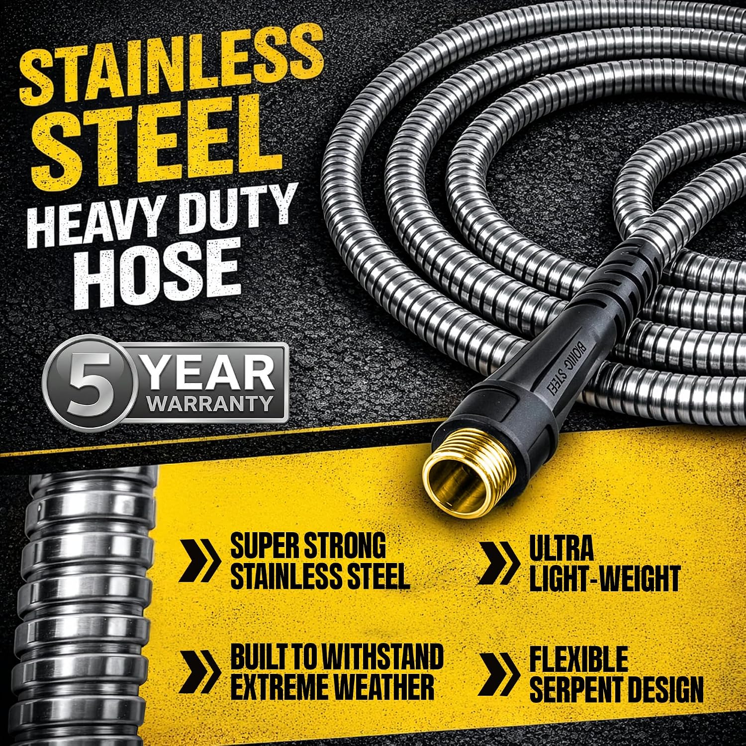 Bionic Steel Pro 50 Ft Metal Garden Hose With Brass Nozzle | Water Hose Made From Heavy Duty 304 Stainless Steel, Flexible, Lightweight, Brass Fittings, Non Kinking, 500 Psi