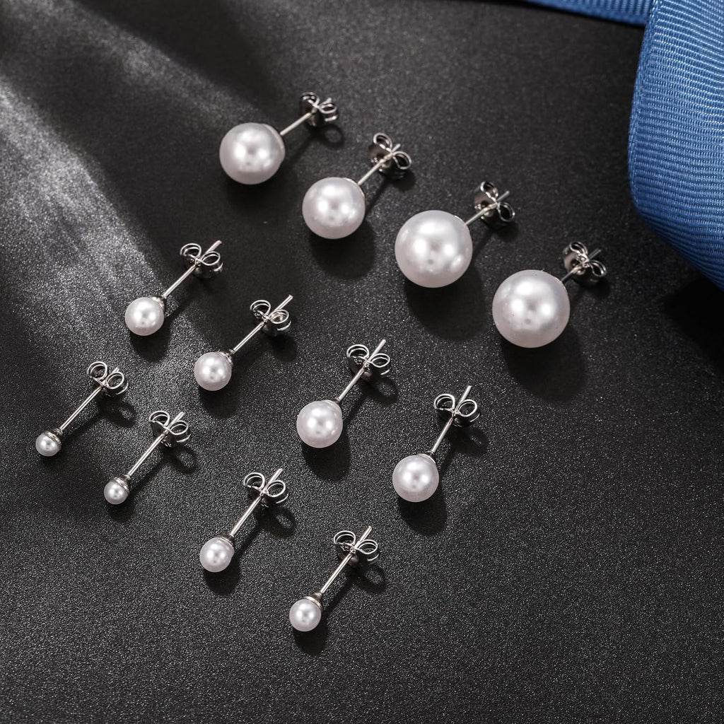Senteria 925 Sterling Silver Pearl Earrings Studs Set Hypoallergenic Small Stud Earrings Lightweight Shiny Earrings Studs for Women 6 Pairs 3-10MM