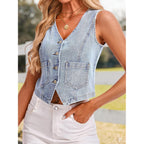 Denim Vest V Neck Jean Vest Tops For Women Sleeveless Button Down Denim Cropped With Pockets Casual Outfits