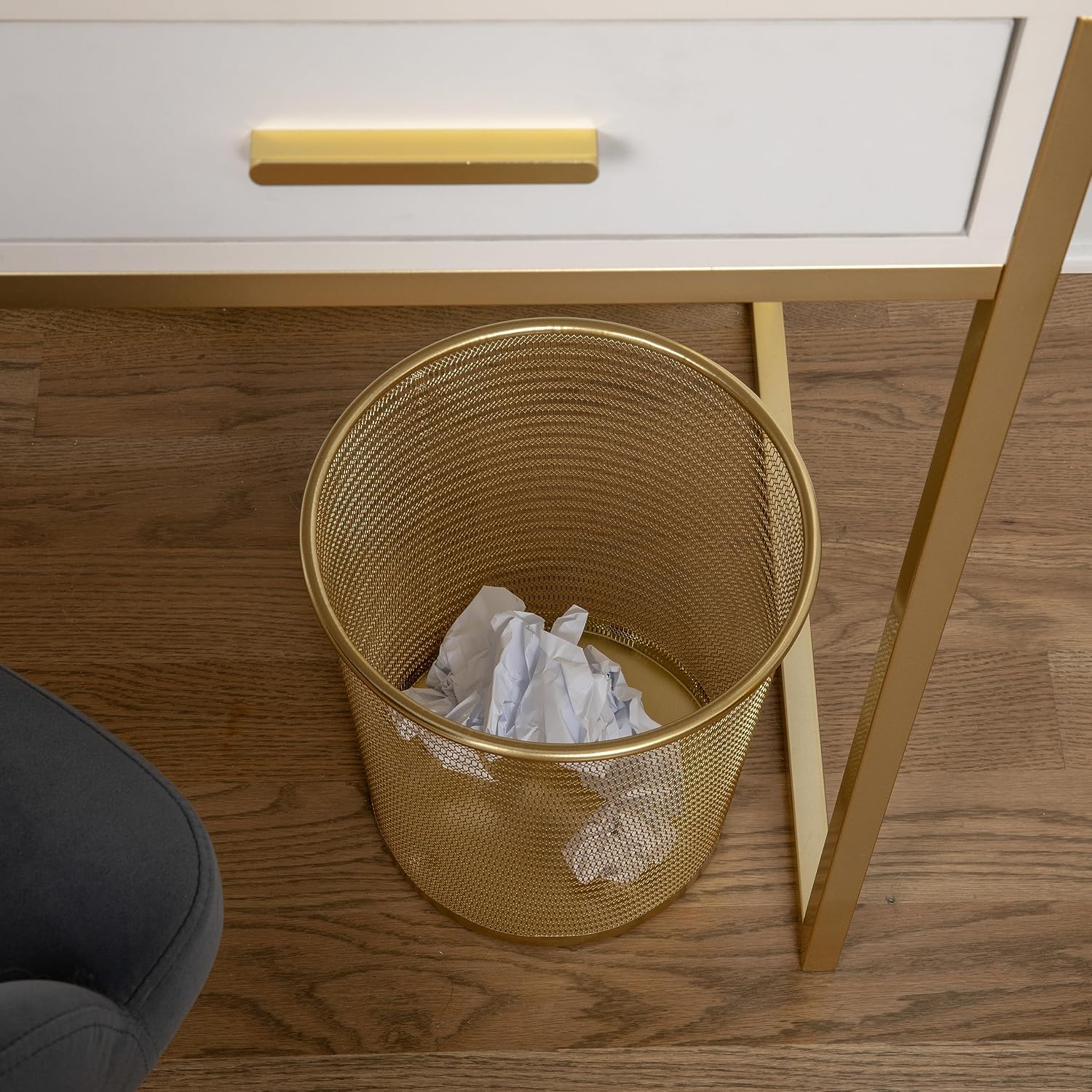 Martha Stewart Ryder Gold Mesh Metal Trash Can, 4.5 Gallon, Wastebasket For Office