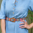 Womens Casual Belts - Multicolor Woven Belt & Brown Vegan Leather Belt