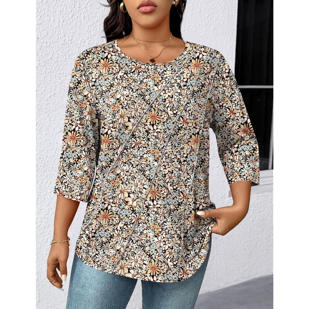 Lomon Womens Plus Size Tops 3/4 Length Sleeve Womens Tops Pleated Crewneck Fall Shirts Summer Blouses 2026 (1X-5X)