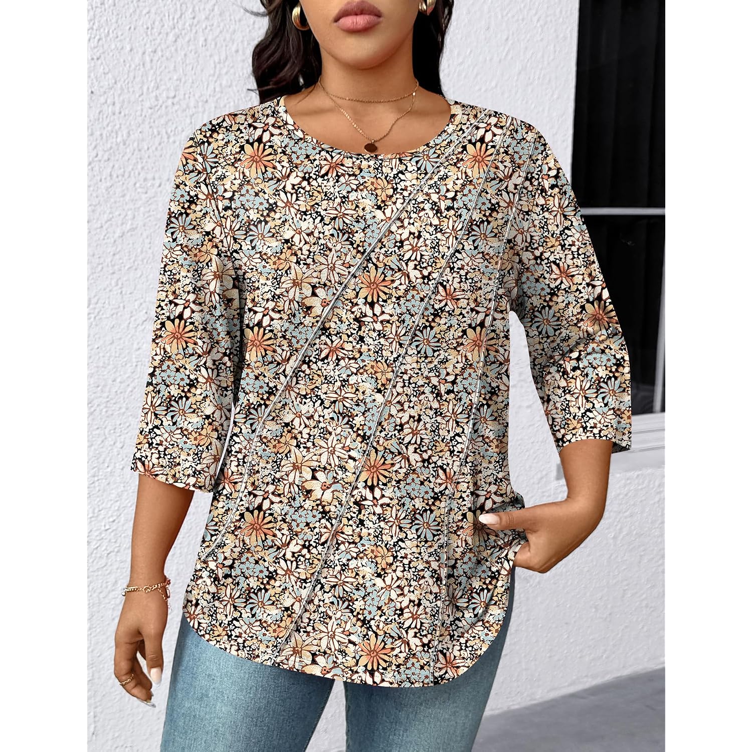 Lomon Womens Plus Size Tops 3/4 Length Sleeve Womens Tops Pleated Crewneck Fall Shirts Summer Blouses 2026 (1X-5X)