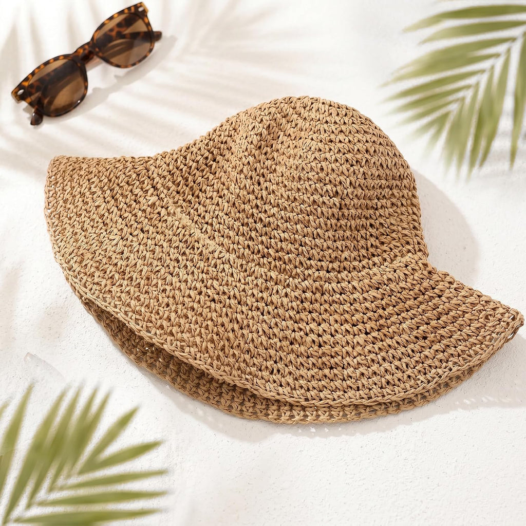 Summer Straw Hats for Women Wide Brim Foldable Summer Beach Vacation Packable Travel Cap Lightweight Brown Brown