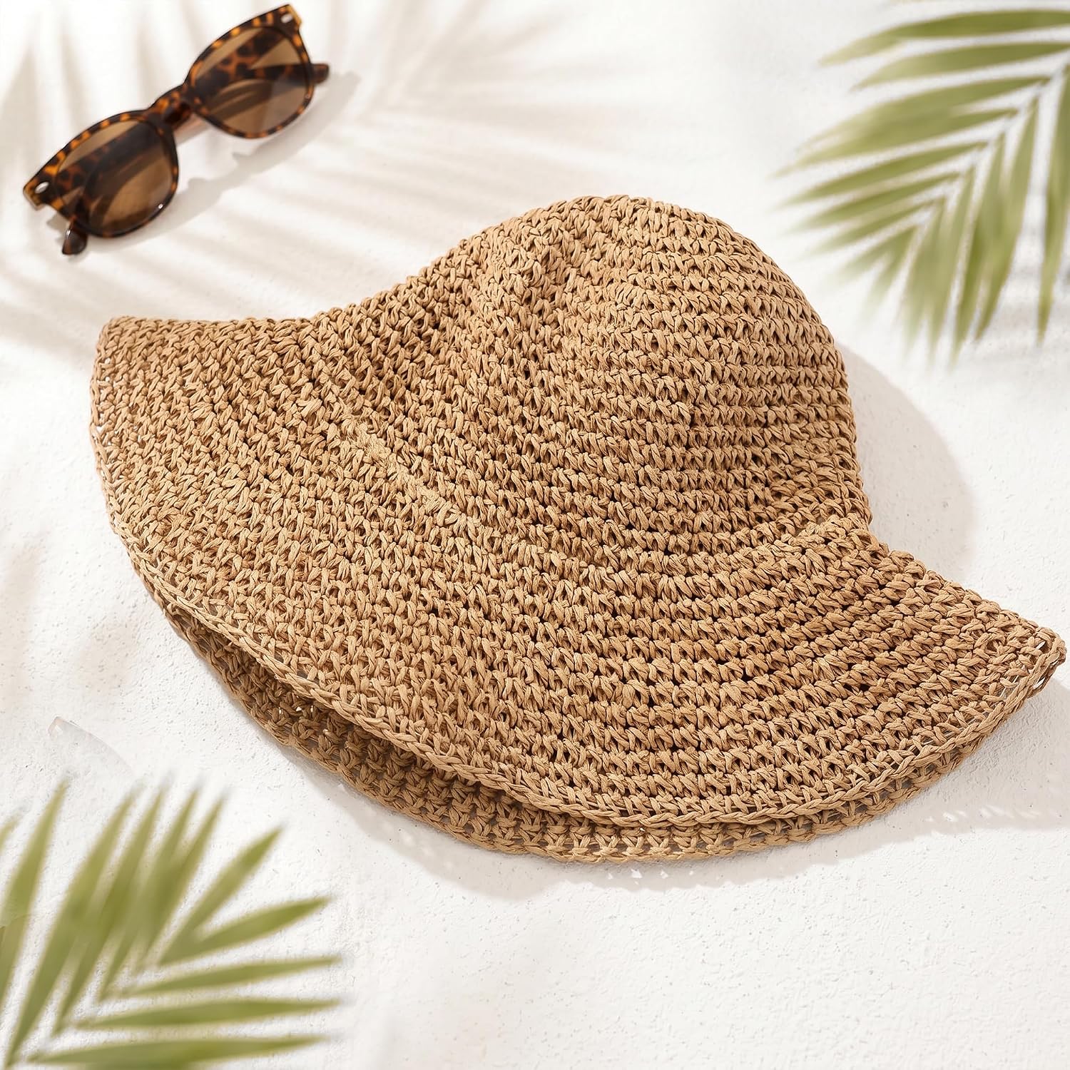 Summer Straw Hats for Women Wide Brim Foldable Summer Beach Vacation Packable Travel Cap Lightweight Brown Brown