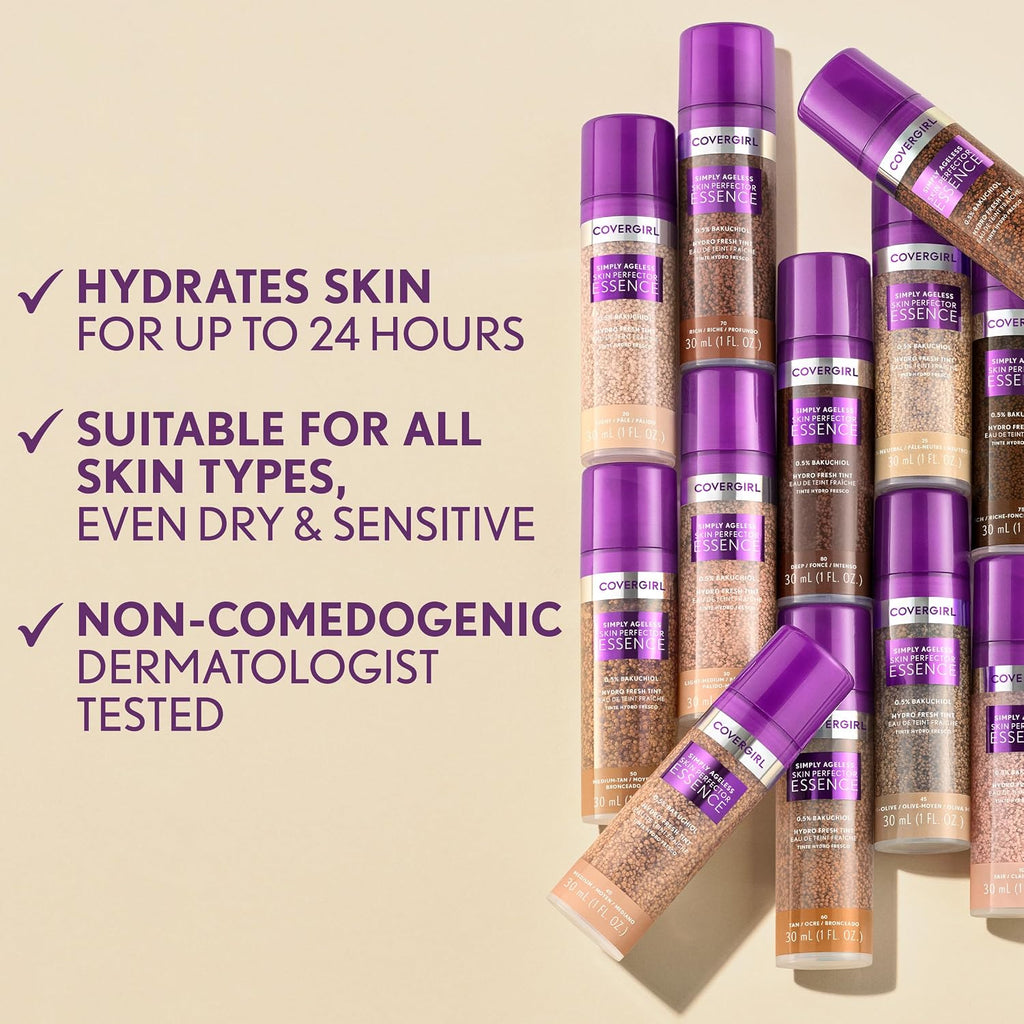 Covergirl Simply Ageless Skin Perfector Essence Foundation, 20 Light, Tinted Skincare Makeup Hybrid, Sheer Tint, Radiant Finish, Glowy Finish, Vegan Formula, 1.0Oz