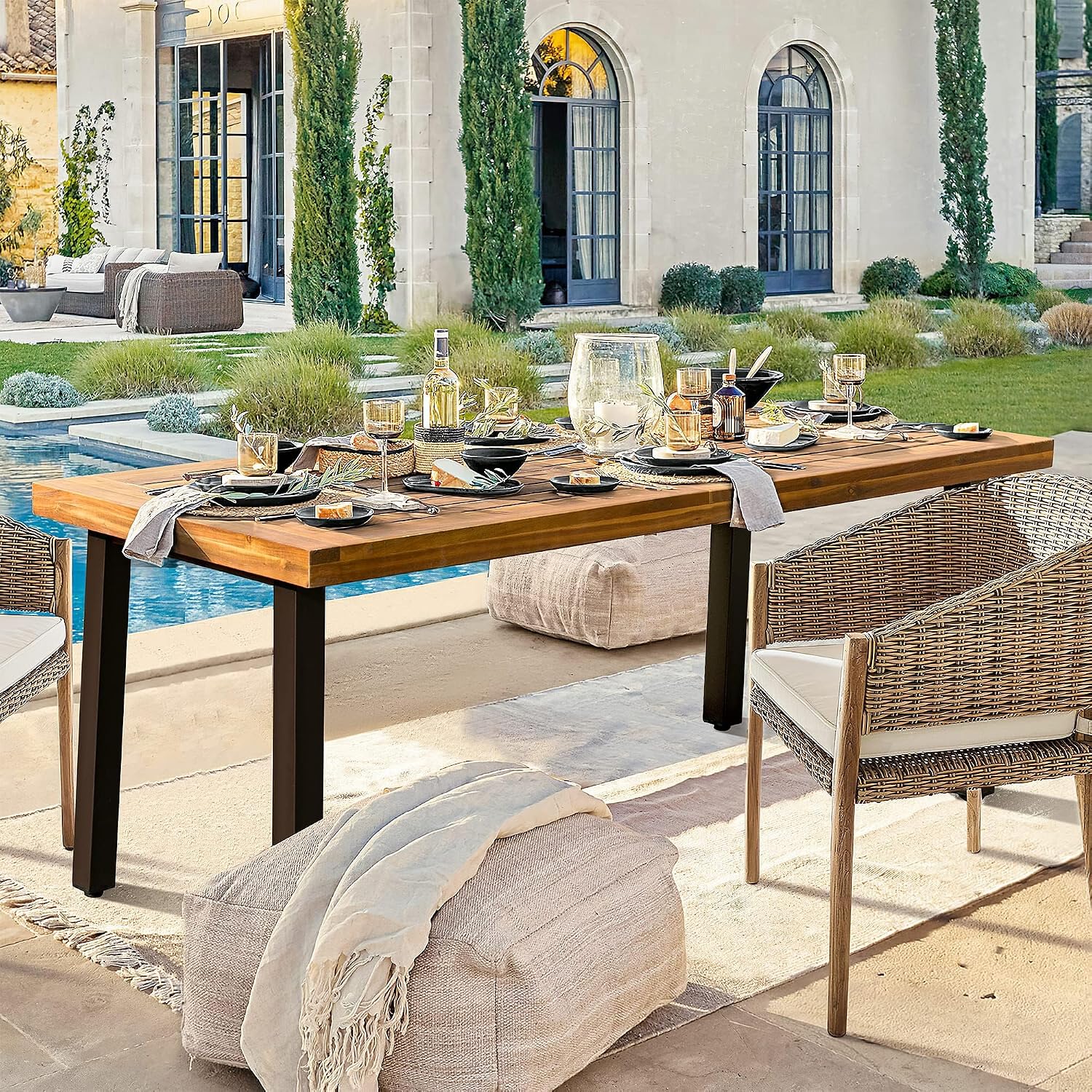 Devoko Home Acacia Wood Dining Table 6-Person Indoor Outdoor Table With Iron Legs, Sandblast Finish, Natural Stained, Rustic Metal, 69 * 33 * 30 Inch (Natural)