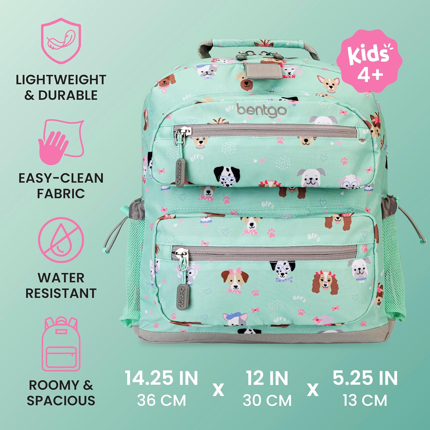 Bentgo Kids Print Durable & Water-Resistant Backpack | Lightweight 14” Backpack For School, Travel, & Daycare, Ages 4+, & Loop For Lunch Bag (Puppy Love)