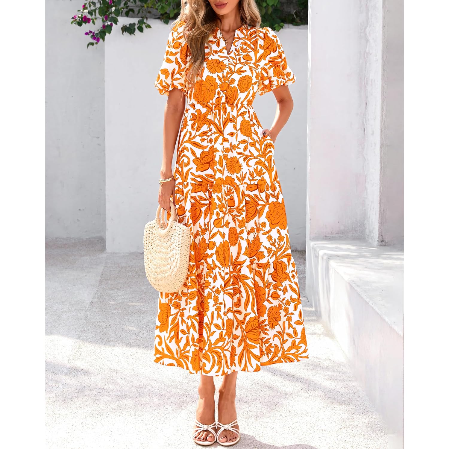 Dowerme Womens Summer Dresses 2026 Casual Puff Short Sleeve V Neck Floral Boho Tiered Ruffle Maxi Dress With Pockets