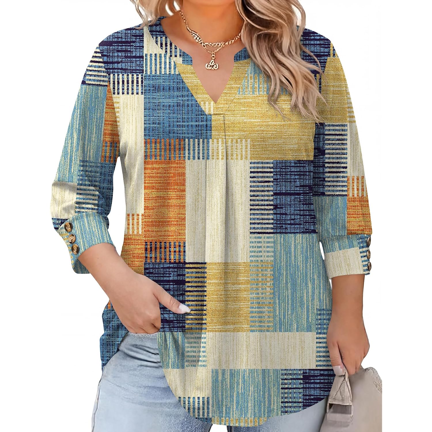 TFSDOD Womens Plus Size Tops 3/4 Length Sleeve Womens Tops V Neck Blouses Pleated Tunic Plus Size Fashion (1X-5X)
